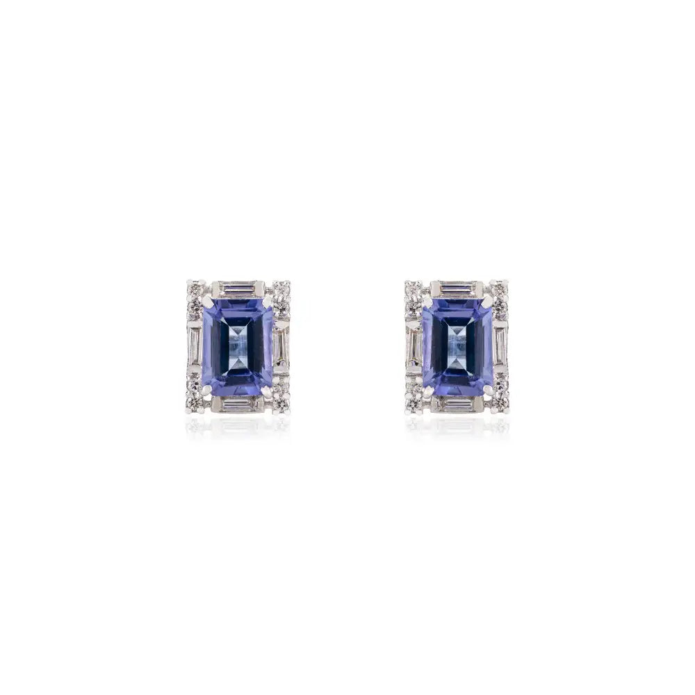 Elegant & Classic Style Tanzanite & Diamond 14K Solid White Gold Halo Stud Earrings