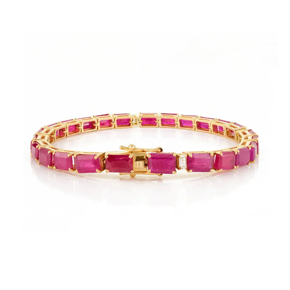 Gorgeous Fine Real Ruby & Diamond Statement Tennis Bracelet Pure 18K Yellow Gold Jewelry