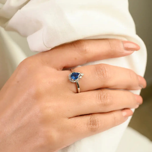 Latest Design 14K Solid White Gold Blue Sapphire & Diamond Halo Engagement Ring B2B Jewelry
