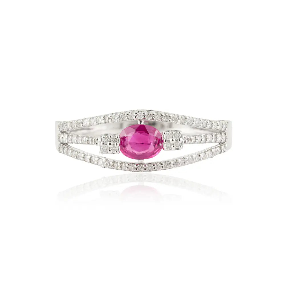 Precious Gemstone Ruby & Diamond Triple Layer Engagement Ring K14 White Gold Jewelry