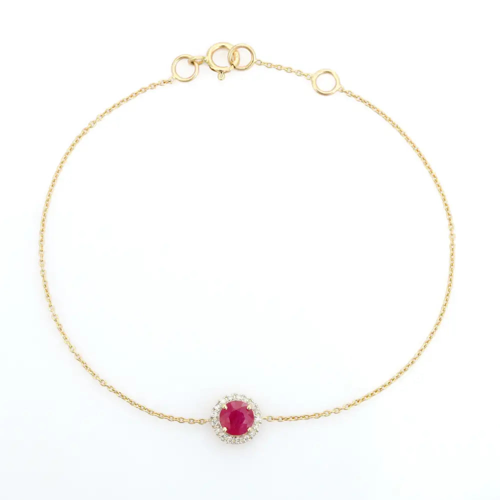 July Birthstone Ruby & Diamond 14K Real Yellow Gold Single Stone Halo Bracelet Trending Jewelry