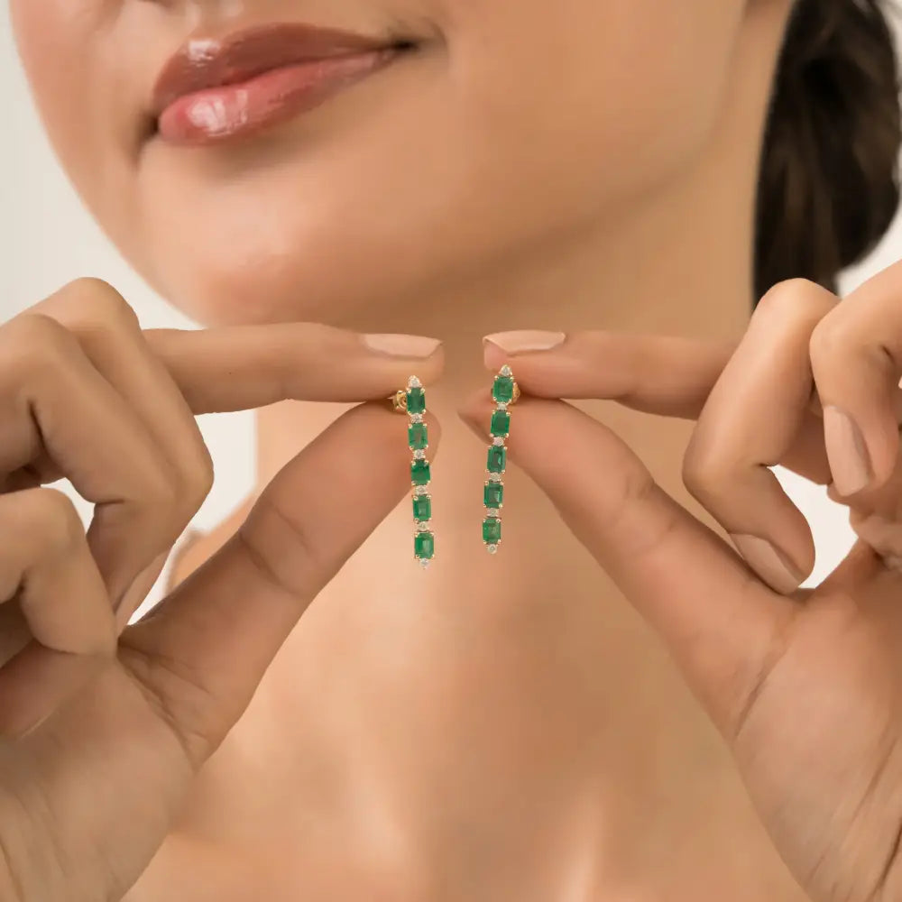 Zambian Emerald & Diamond 14K Solid Yellow Gold Dangle Earrings New Arrivals Jewelry