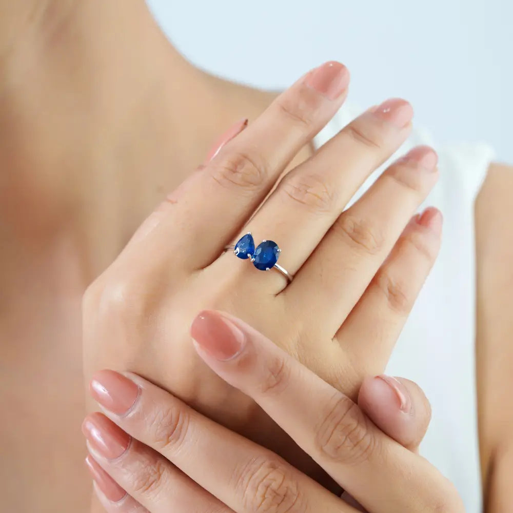 Best Selling Blue Sapphire Gemstone 14K Real White Gold Toi et Moi Ring Custom Jewelry
