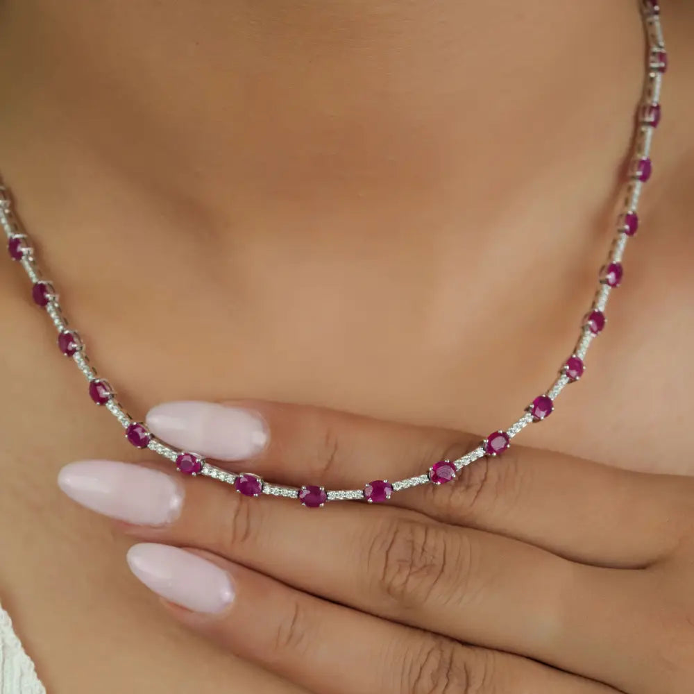 Fine Ruby & Diamond 14K Solid White Gold Box Lock Sleek Tennis Necklace Stack Jewelry