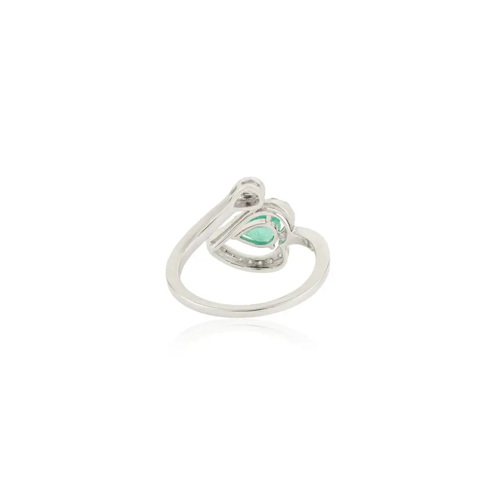 14K White Gold Pear Emerald & Diamond Halo Heart Bypass Ring Unique Design Jewelry