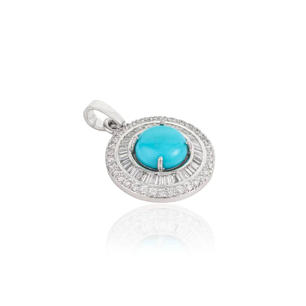 Best Seller 8mm Round Cut Turquoise & Diamond 14K Real White Gold Double Cluster Pendant