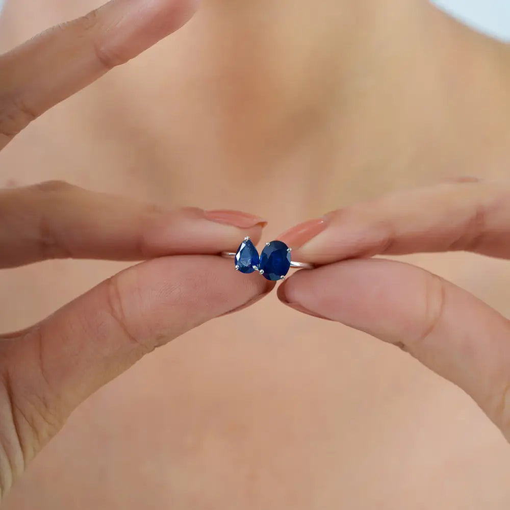 Best Selling Blue Sapphire Gemstone 14K Real White Gold Toi et Moi Ring Custom Jewelry