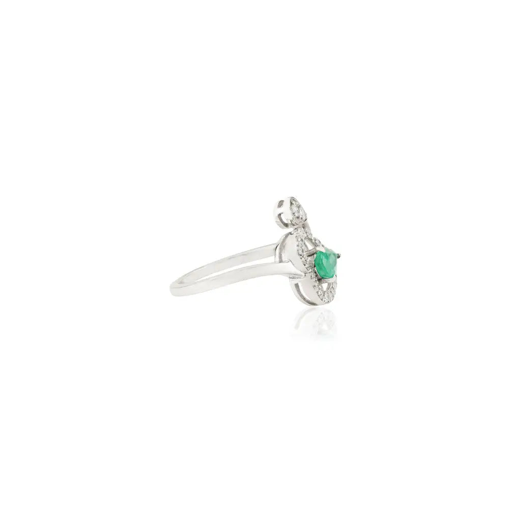 14K White Gold Pear Emerald & Diamond Halo Heart Bypass Ring Unique Design Jewelry