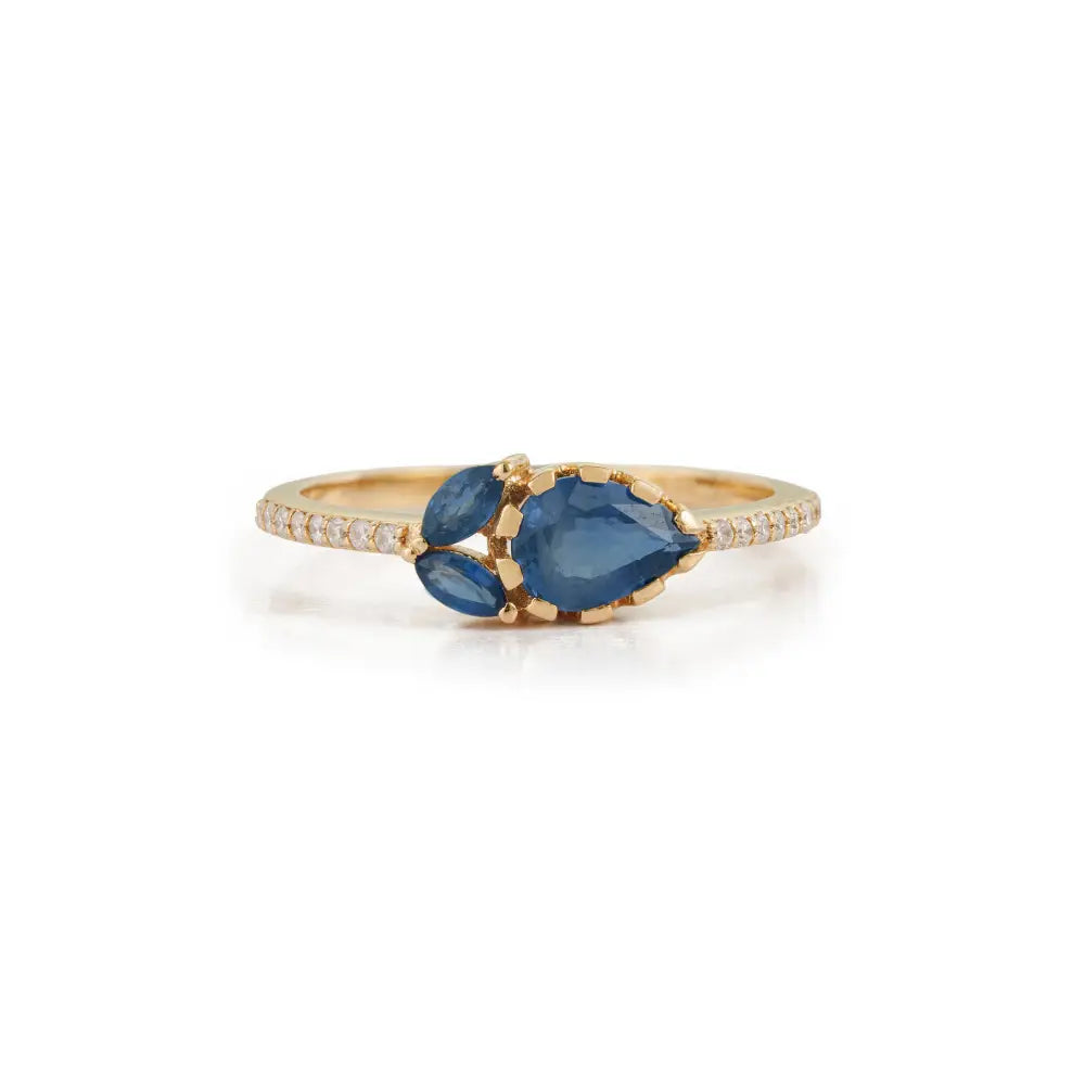 Simple Elegant Blue Sapphire & Diamond Three Stone Stacking Ring Solid 14K Yellow Gold