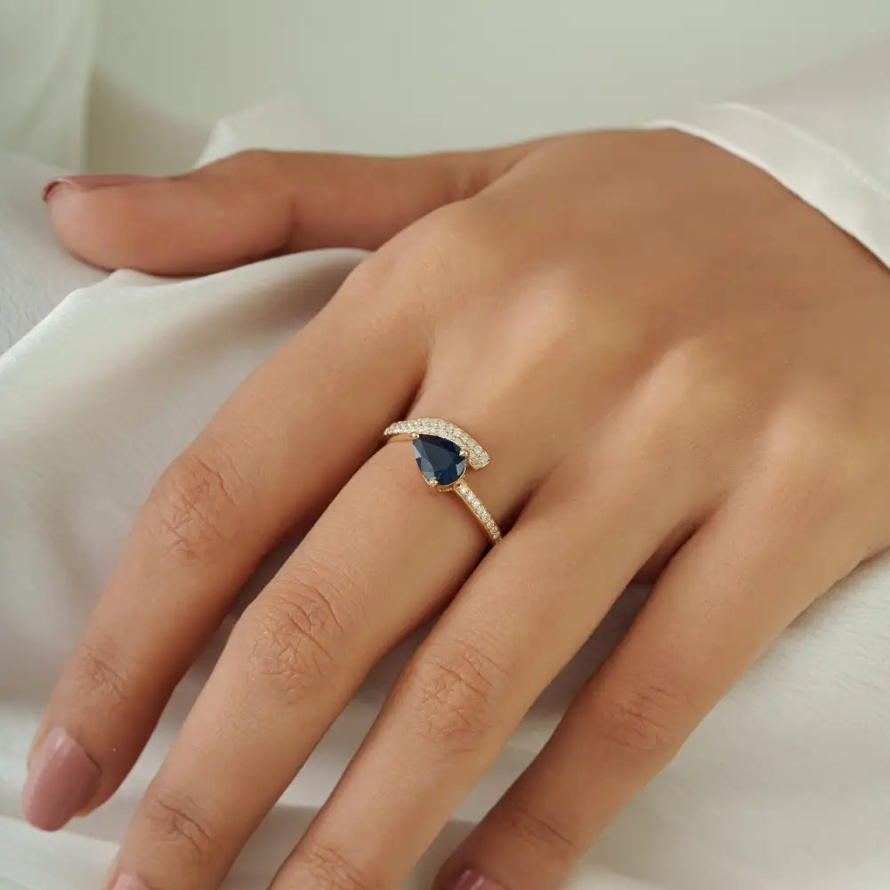 14K Solid Yellow Gold Blue Sapphire & Diamond Statement Ring September Birthstone Jewelry