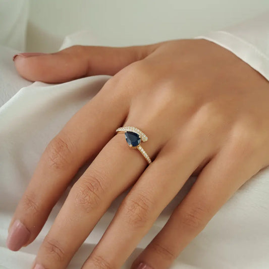 14K Solid Yellow Gold Blue Sapphire & Diamond Statement Ring September Birthstone Jewelry