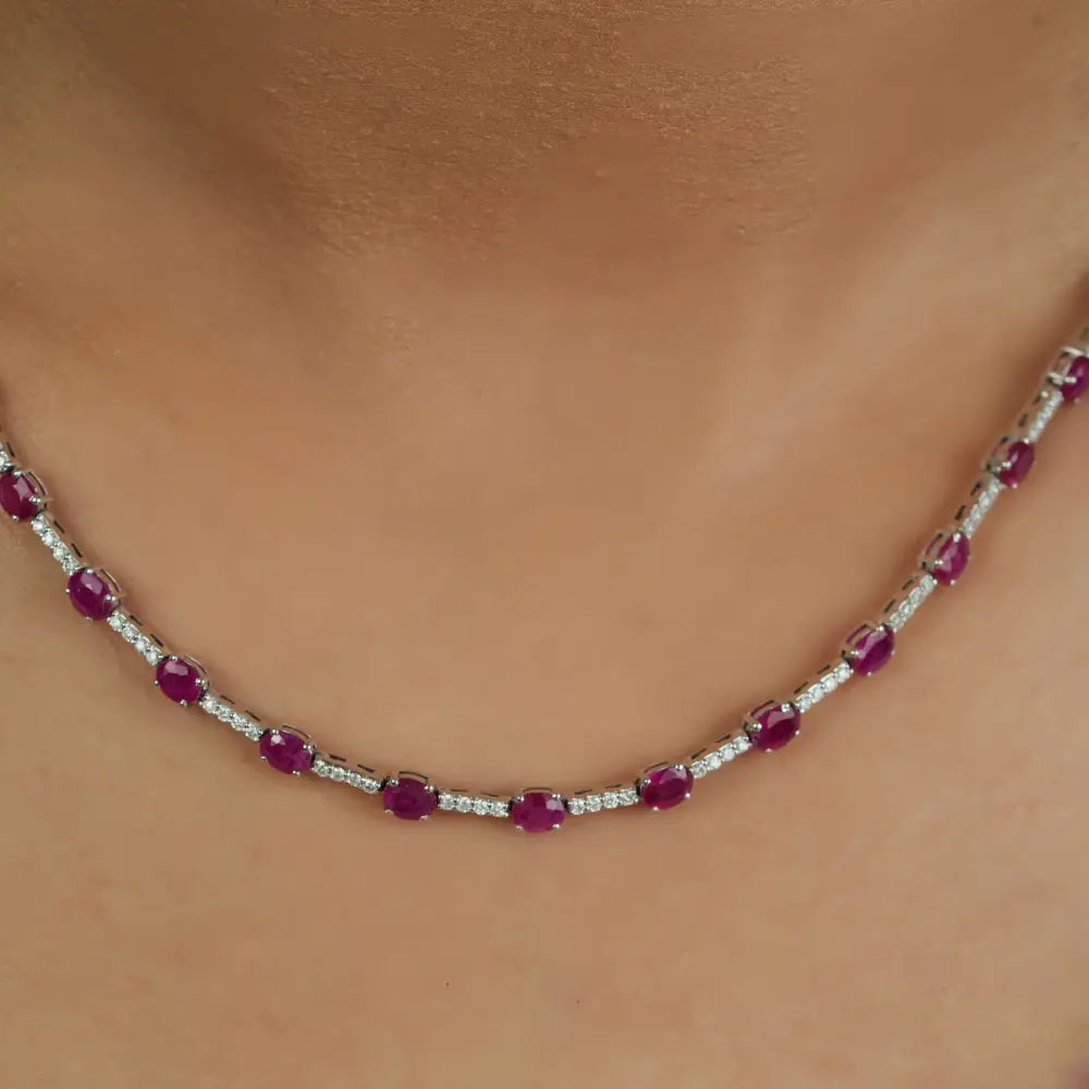 Fine Ruby & Diamond 14K Solid White Gold Box Lock Sleek Tennis Necklace Stack Jewelry