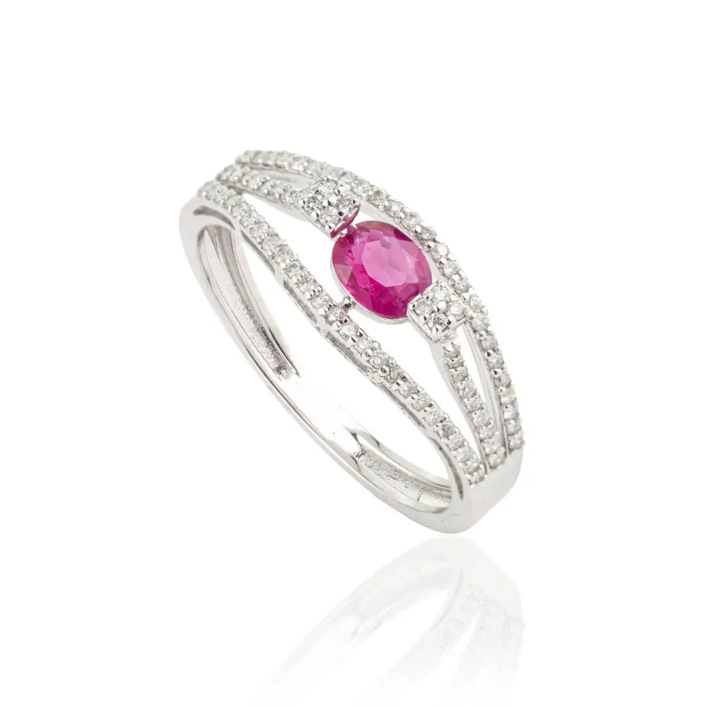 Precious Gemstone Ruby & Diamond Triple Layer Engagement Ring K14 White Gold Jewelry