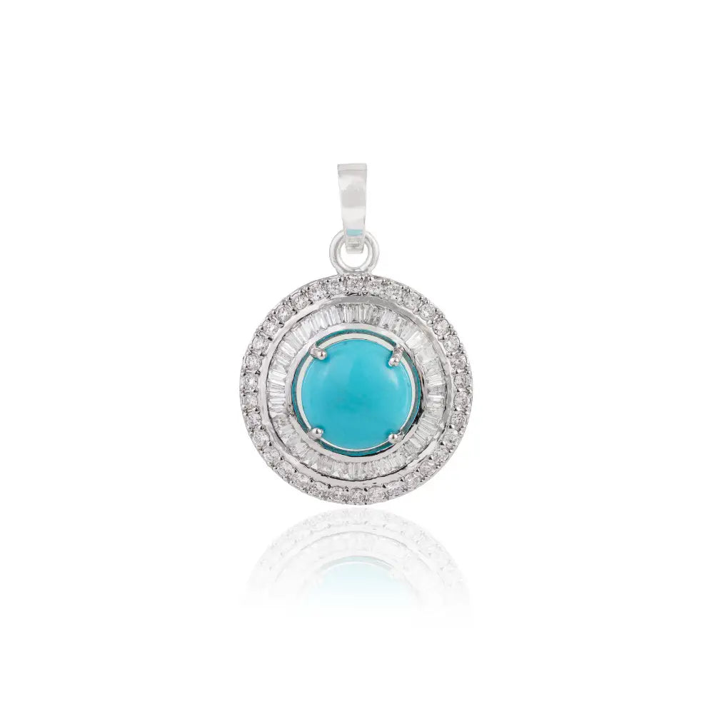 Best Seller 8mm Round Cut Turquoise & Diamond 14K Real White Gold Double Cluster Pendant