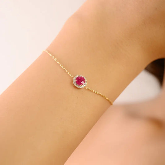 July Birthstone Ruby & Diamond 14K Real Yellow Gold Single Stone Halo Bracelet Trending Jewelry