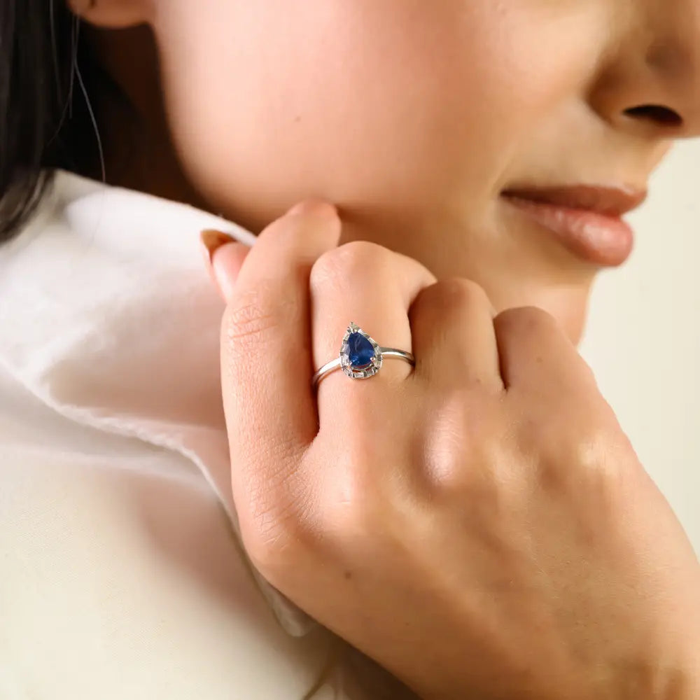 Latest Design 14K Solid White Gold Blue Sapphire & Diamond Halo Engagement Ring B2B Jewelry