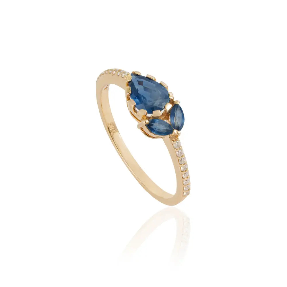 Simple Elegant Blue Sapphire & Diamond Three Stone Stacking Ring Solid 14K Yellow Gold
