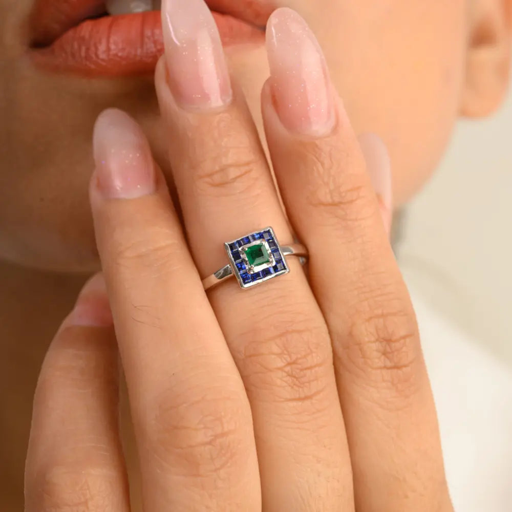 Custom Jewelry Natural Emerald & Blue Sapphire 14K Solid White Gold Square Ring