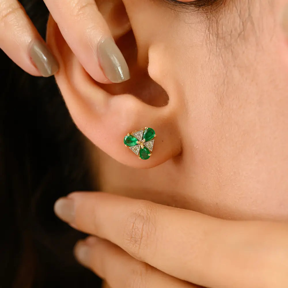 Simple Design Emerald & Diamond Triangle Shape Stud Earrings 14K Yellow Gold Minimal Jewelry