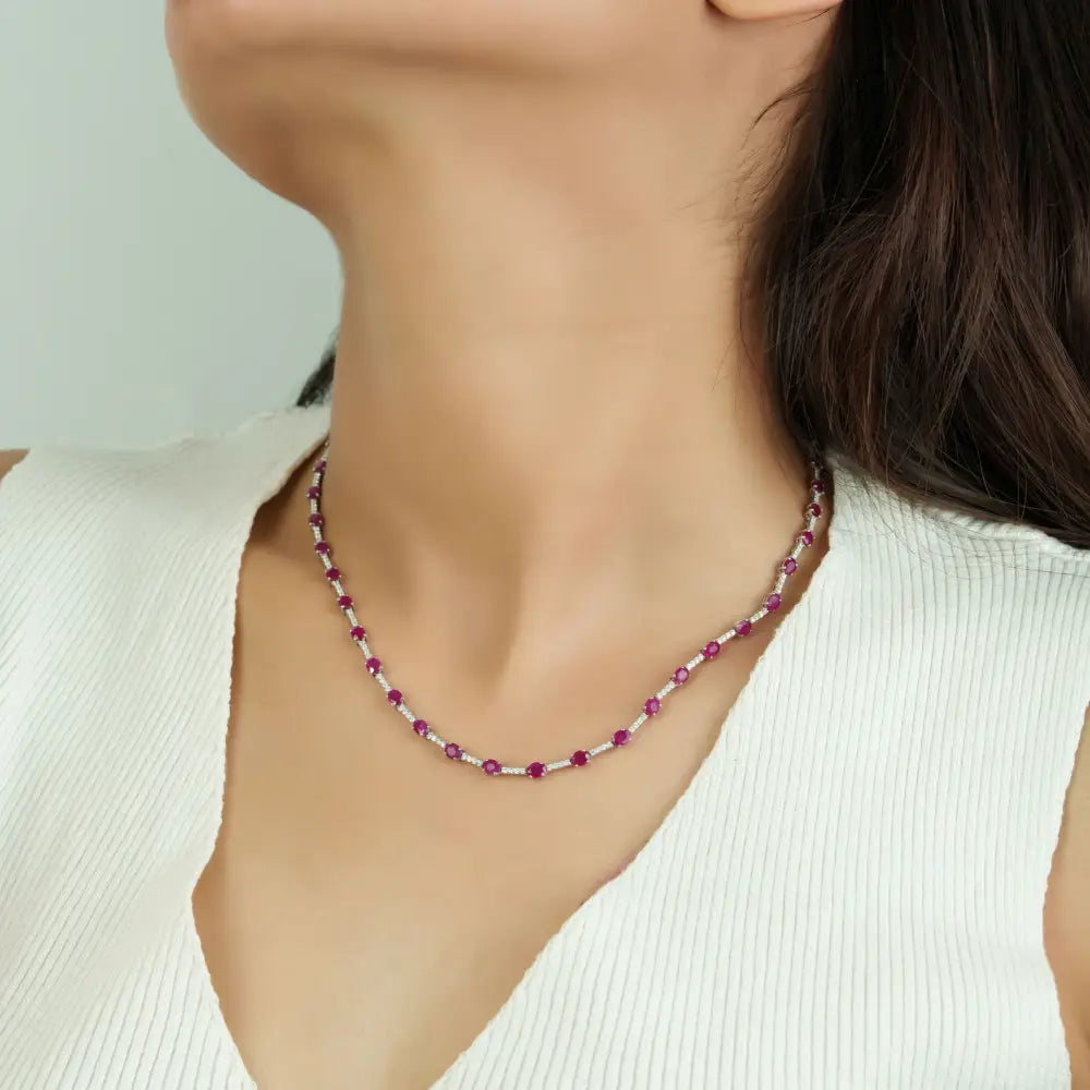 Fine Ruby & Diamond 14K Solid White Gold Box Lock Sleek Tennis Necklace Stack Jewelry