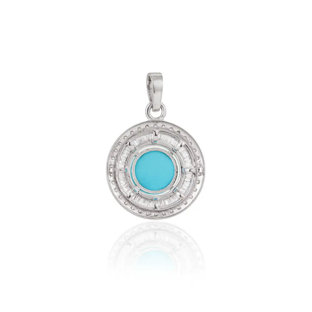 Best Seller 8mm Round Cut Turquoise & Diamond 14K Real White Gold Double Cluster Pendant