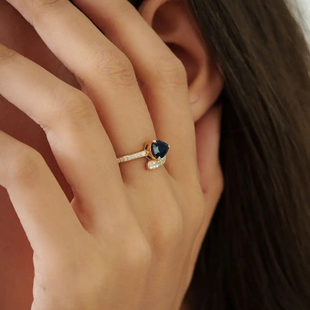 14K Solid Yellow Gold Blue Sapphire & Diamond Statement Ring September Birthstone Jewelry