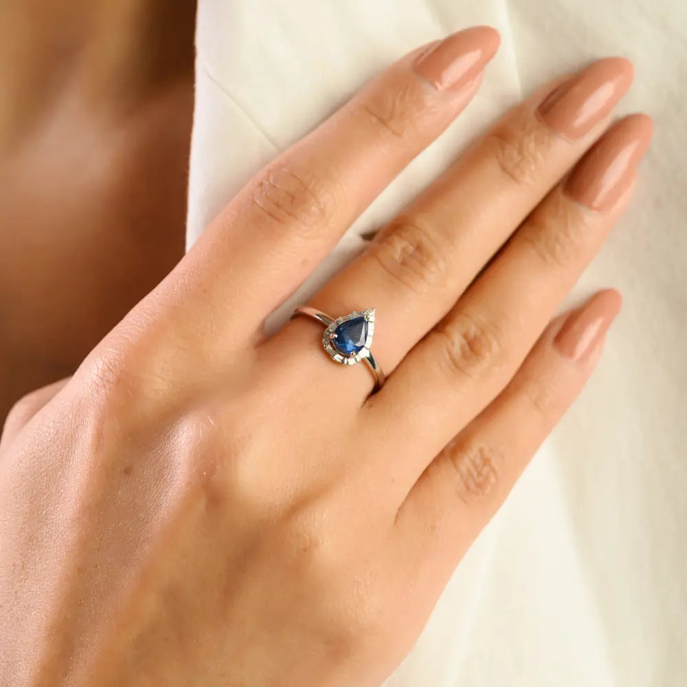 Latest Design 14K Solid White Gold Blue Sapphire & Diamond Halo Engagement Ring B2B Jewelry