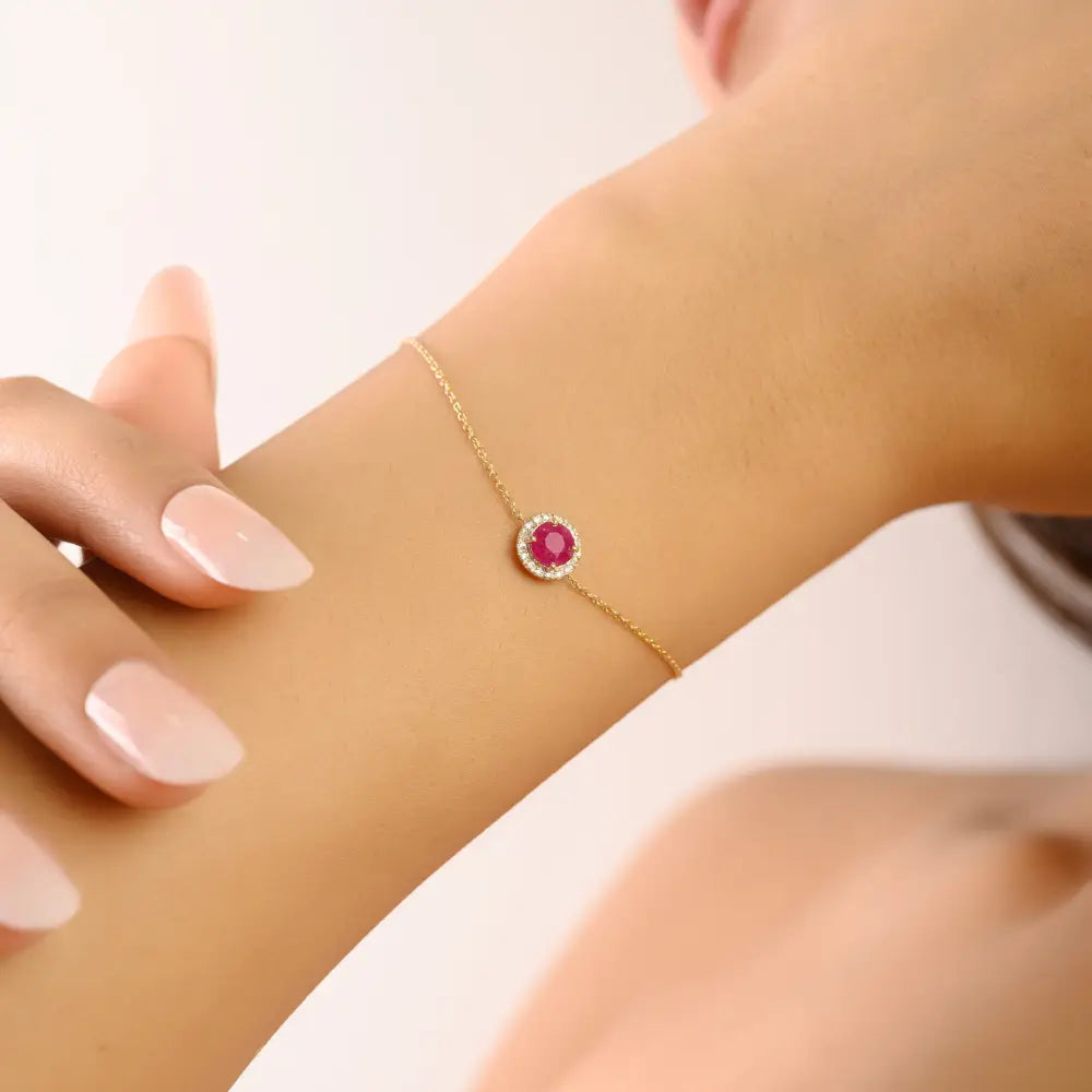 July Birthstone Ruby & Diamond 14K Real Yellow Gold Single Stone Halo Bracelet Trending Jewelry