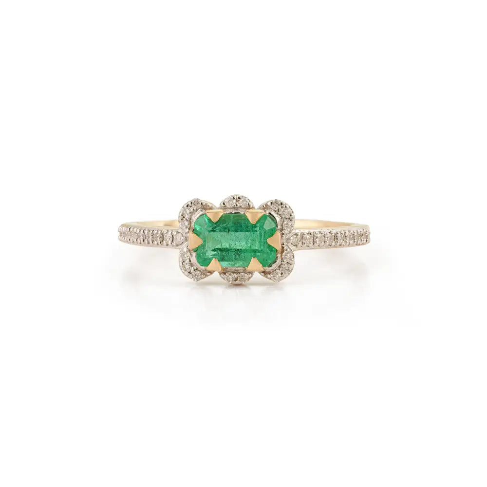 6x4mm Emerald & Diamond Real K14 Yellow Gold Stacking Ring Latest Design Fine Jewelry