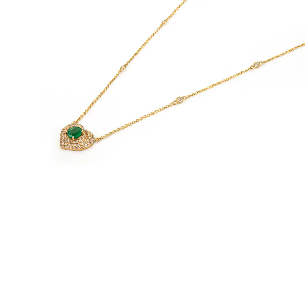 18K Real Yellow Gold Emerald & Diamond Heart Shape Cluster Pendant Necklace Anniversary Gift
