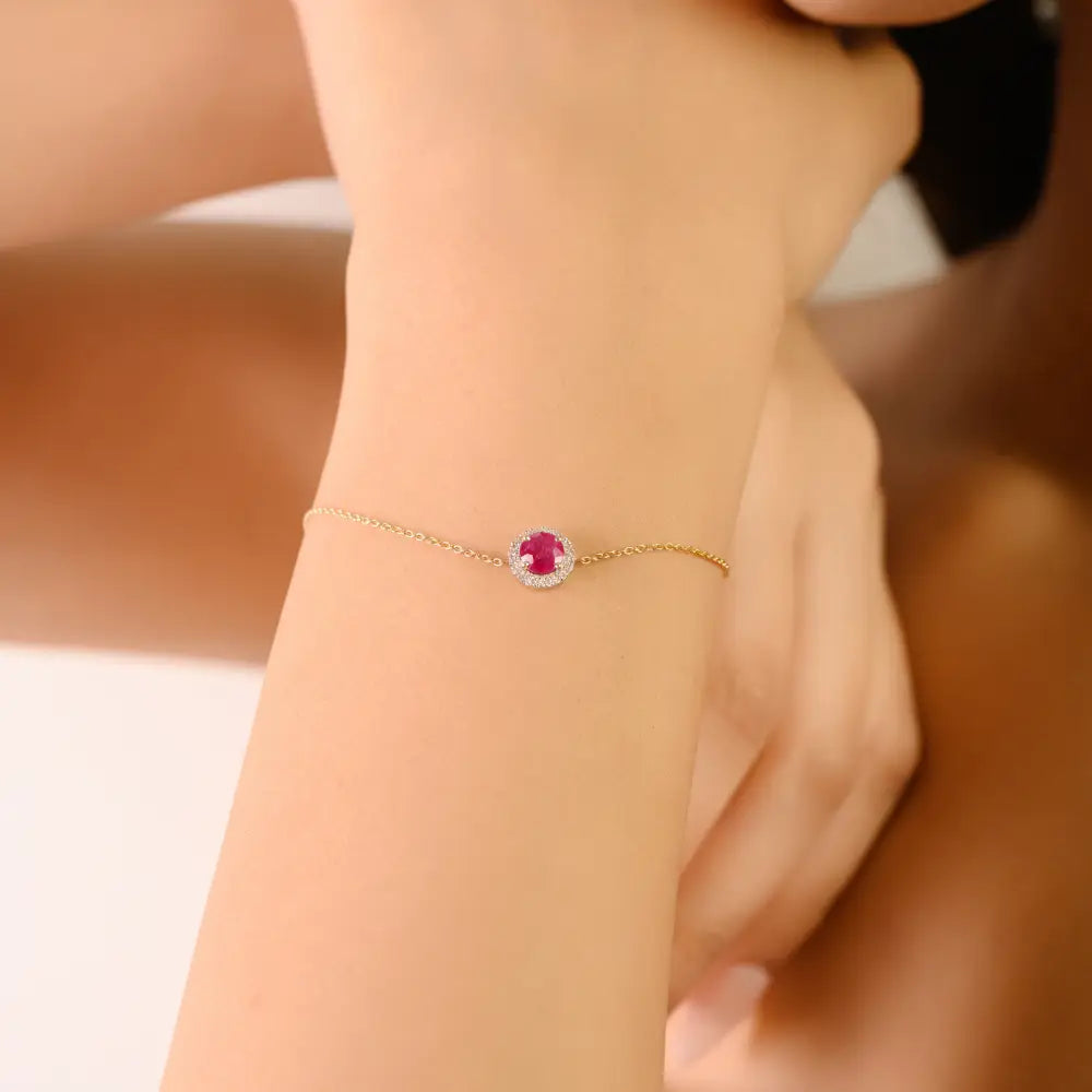 July Birthstone Ruby & Diamond 14K Real Yellow Gold Single Stone Halo Bracelet Trending Jewelry