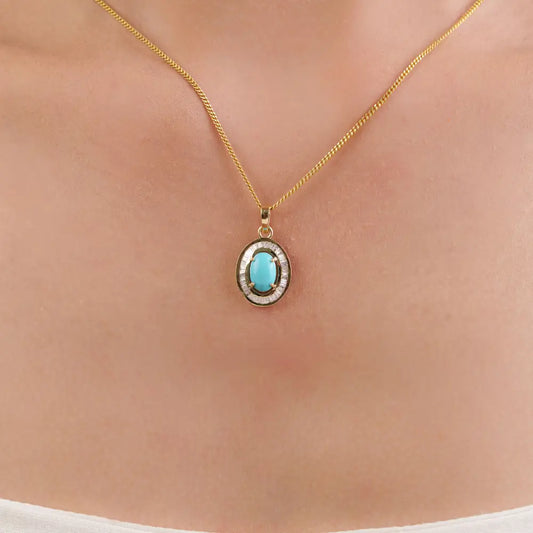 Most Trending Products Turquoise & Diamond K14 Yellow Gold Cluster Pendant For Unisex