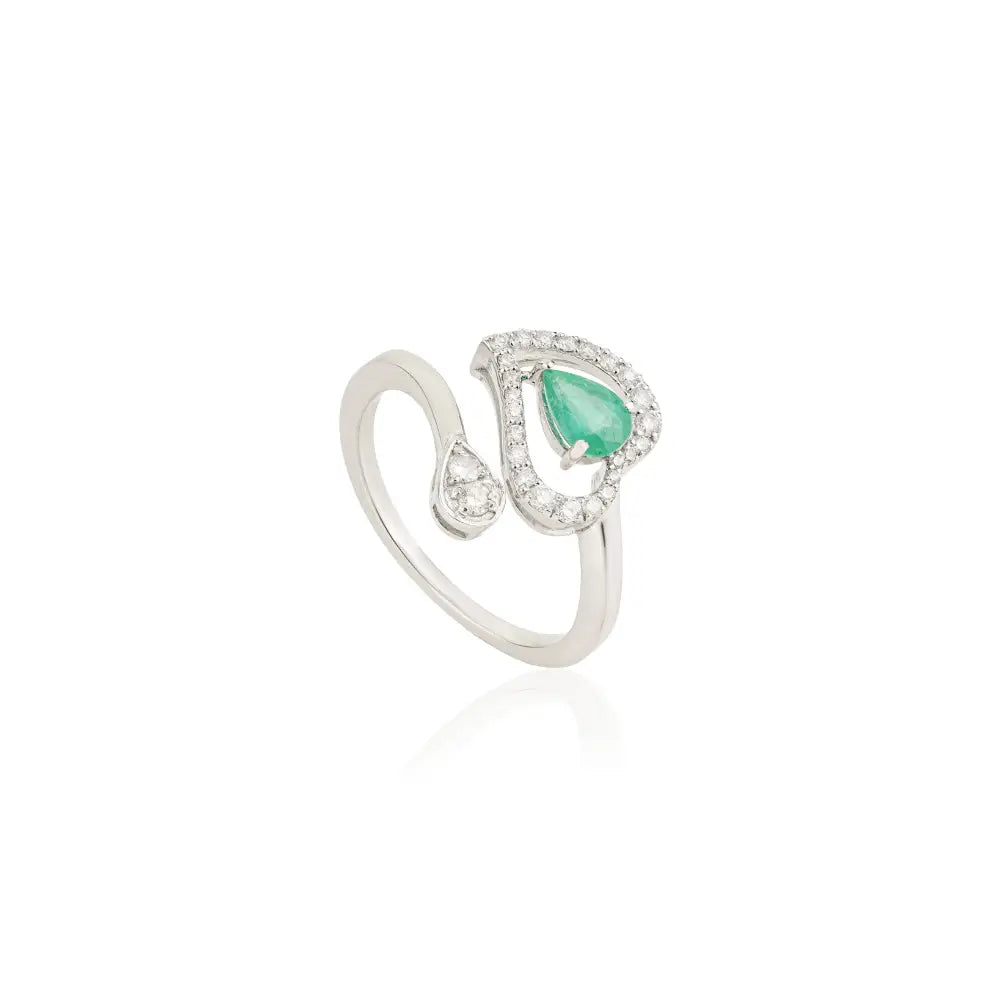 14K White Gold Pear Emerald & Diamond Halo Heart Bypass Ring Unique Design Jewelry