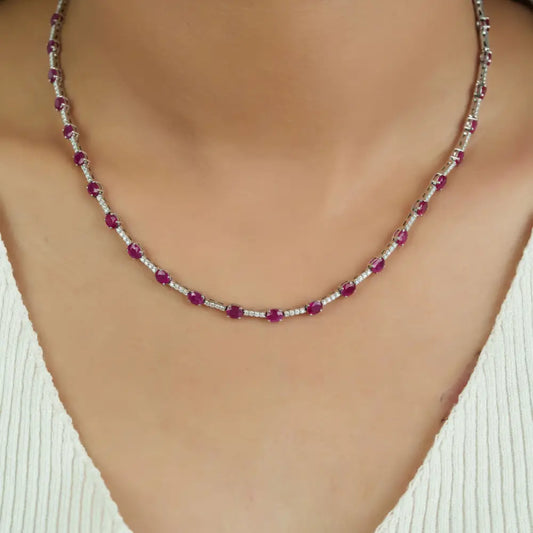 Fine Ruby & Diamond 14K Solid White Gold Box Lock Sleek Tennis Necklace Stack Jewelry