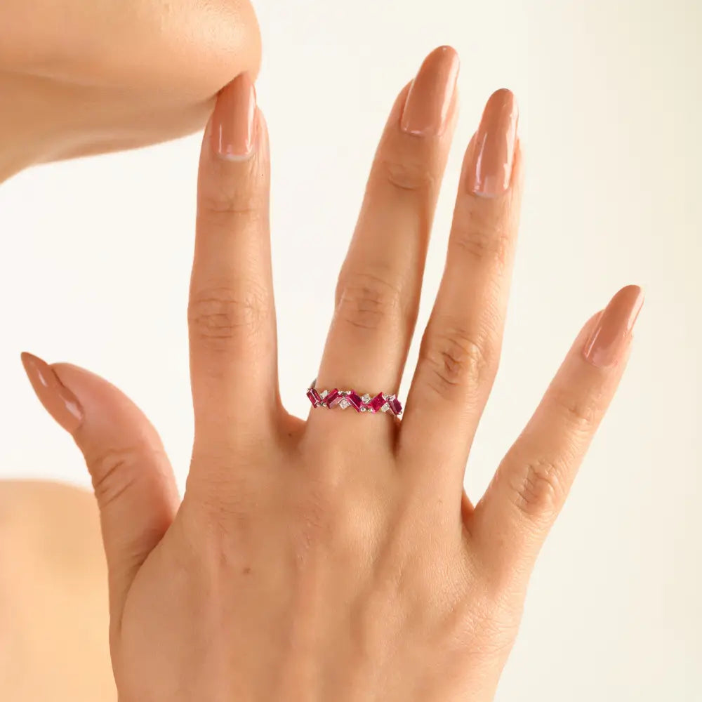 Unique Design Baguette Cut Ruby & Diamond Zig Zag Half Eternity Band Ring 14K Gold Jewelry