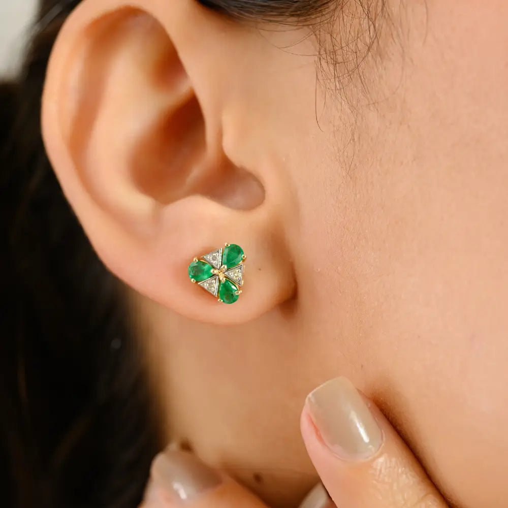 Simple Design Emerald & Diamond Triangle Shape Stud Earrings 14K Yellow Gold Minimal Jewelry