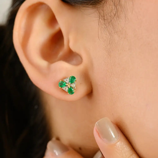 Simple Design Emerald & Diamond Triangle Shape Stud Earrings 14K Yellow Gold Minimal Jewelry