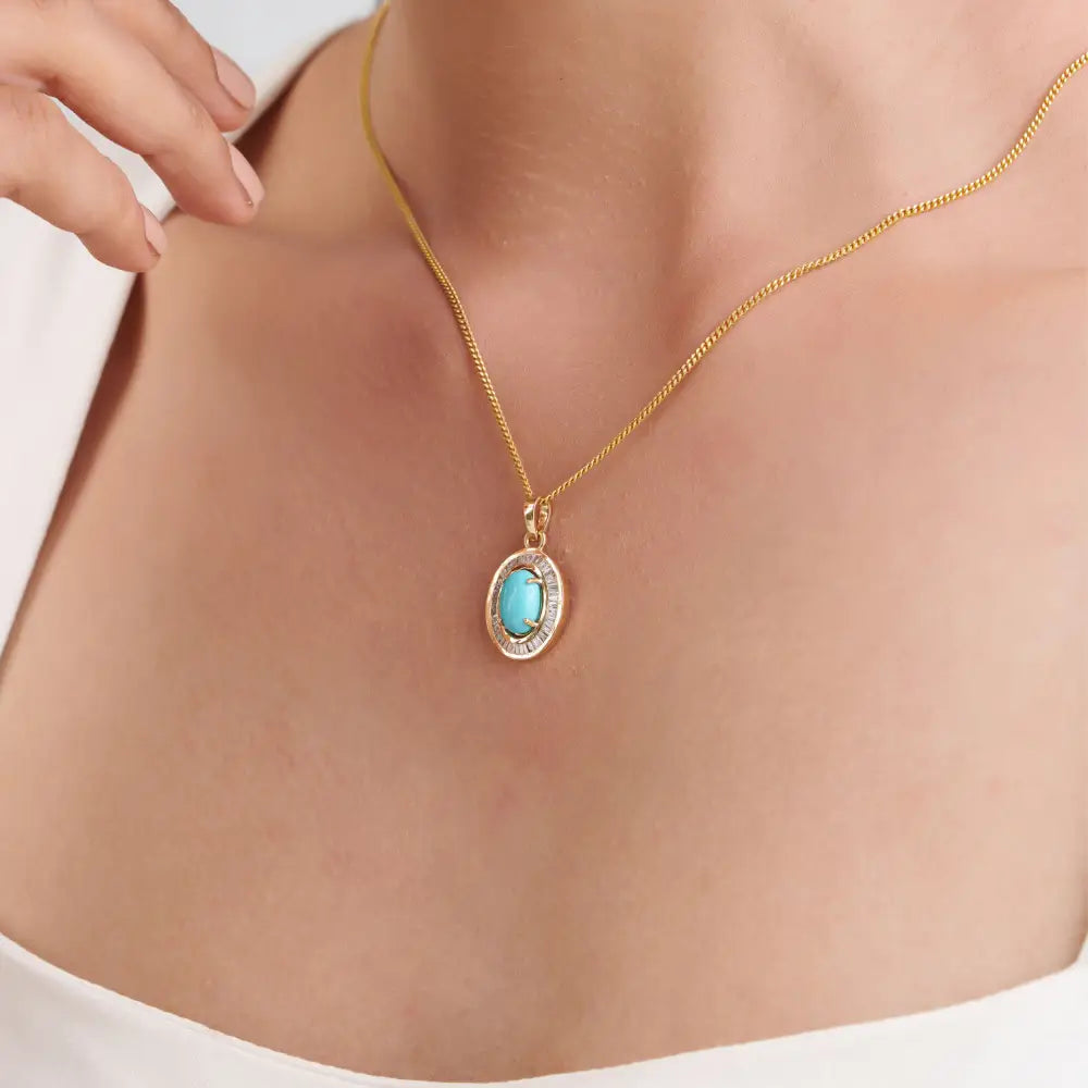Most Trending Products Turquoise & Diamond K14 Yellow Gold Cluster Pendant For Unisex