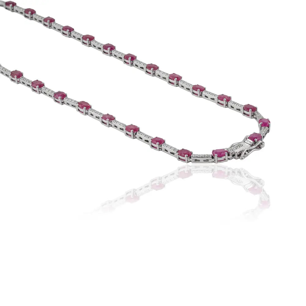 Fine Ruby & Diamond 14K Solid White Gold Box Lock Sleek Tennis Necklace Stack Jewelry