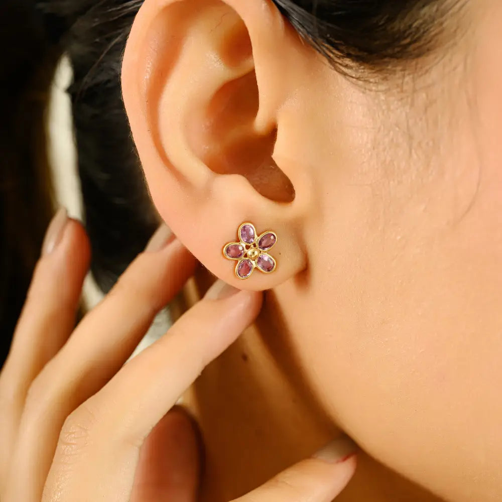 Simple Design Bezel Set Pink Sapphire Floral Stud Earrings For Girls Real K14 Yellow Gold Jewelry