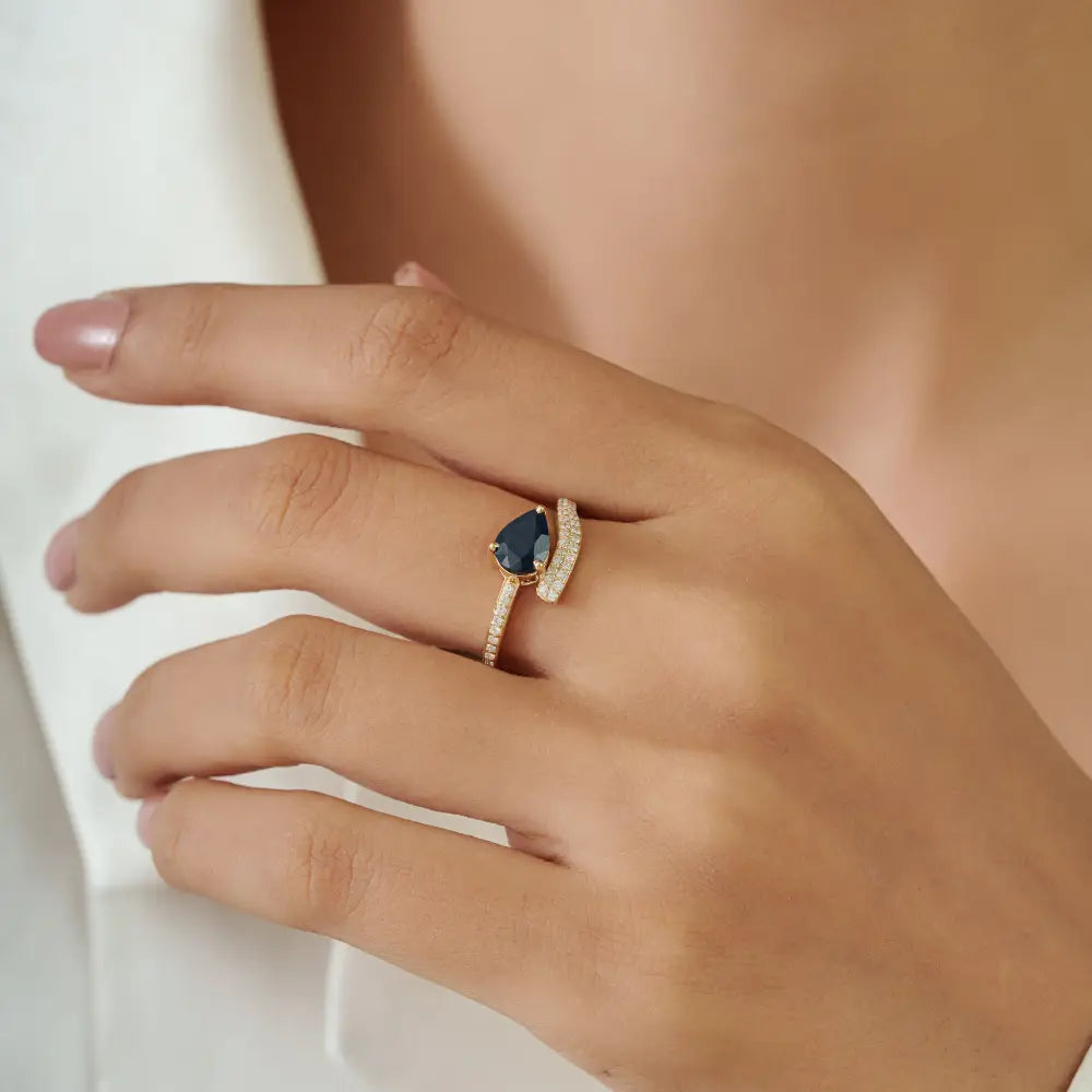 14K Solid Yellow Gold Blue Sapphire & Diamond Statement Ring September Birthstone Jewelry