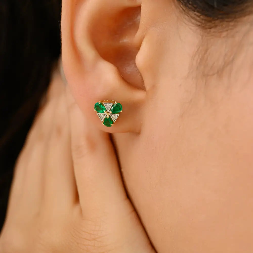 Simple Design Emerald & Diamond Triangle Shape Stud Earrings 14K Yellow Gold Minimal Jewelry