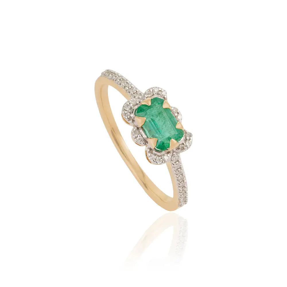 6x4mm Emerald & Diamond Real K14 Yellow Gold Stacking Ring Latest Design Fine Jewelry