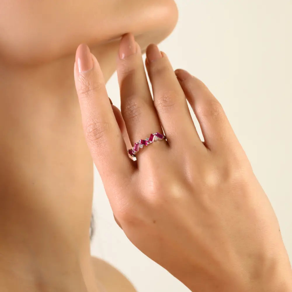 Unique Design Baguette Cut Ruby & Diamond Zig Zag Half Eternity Band Ring 14K Gold Jewelry