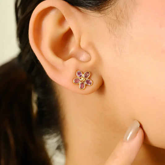 Simple Design Bezel Set Pink Sapphire Floral Stud Earrings For Girls Real K14 Yellow Gold Jewelry