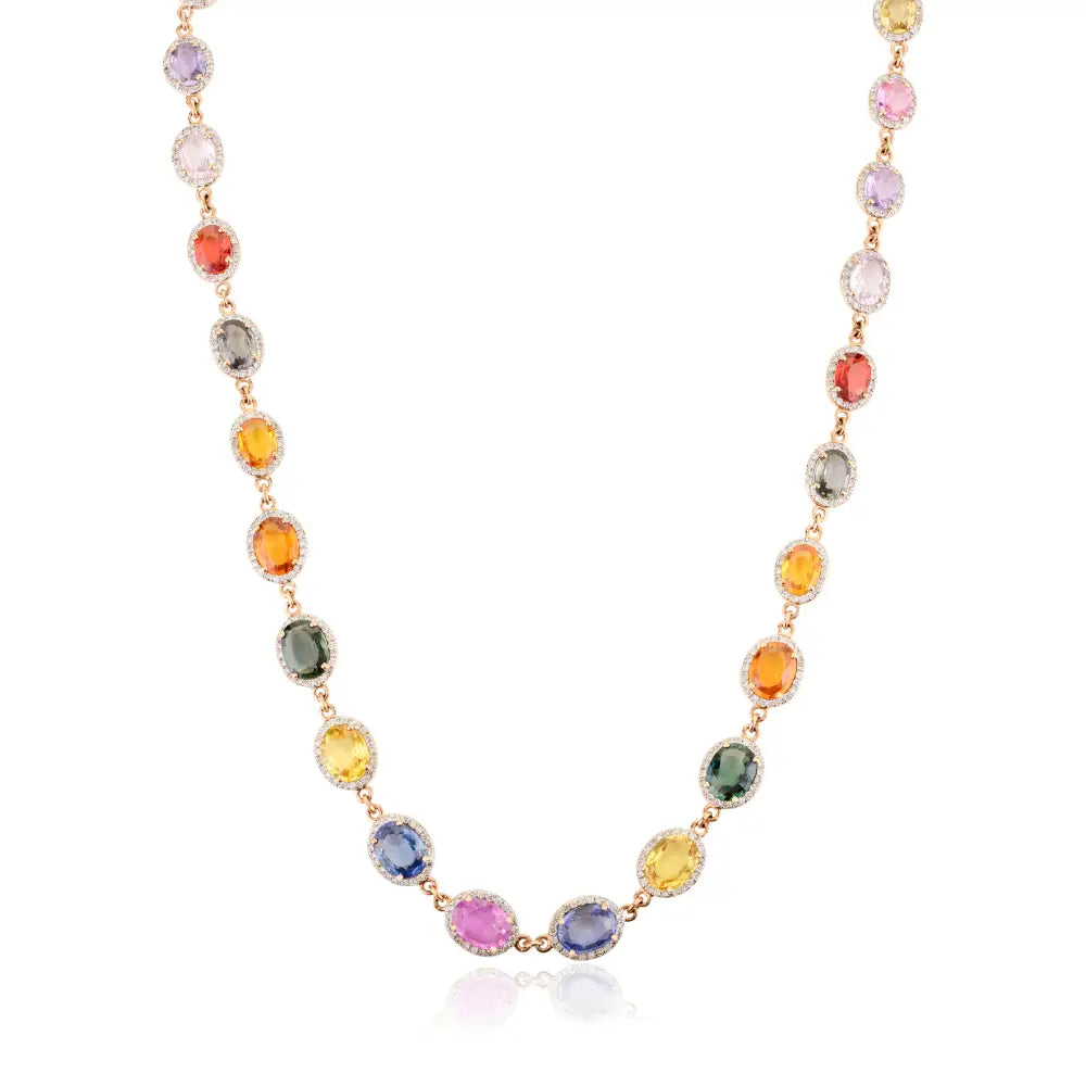 Multi Sapphire & Diamond Halo Station Chain Necklace 18K Rose Gold Women's Jewelry