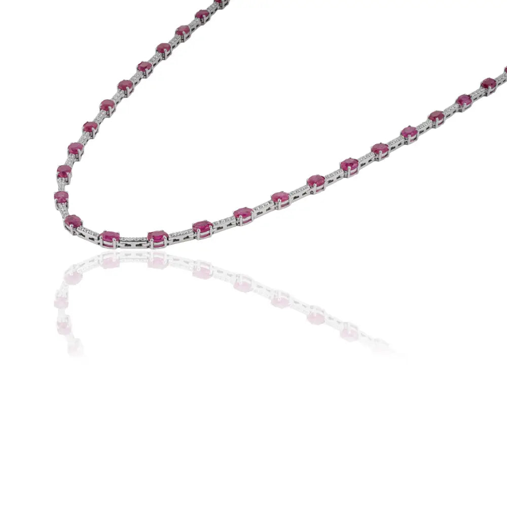 Fine Ruby & Diamond 14K Solid White Gold Box Lock Sleek Tennis Necklace Stack Jewelry