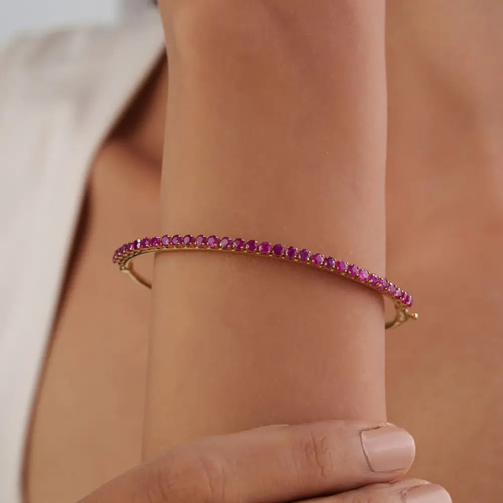 100% Natural Precious Gemstone Ruby 14K Yellow Gold Elegant Stackable Bangle Anniversary Gift Jewelry