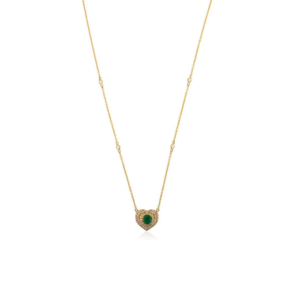 18K Real Yellow Gold Emerald & Diamond Heart Shape Cluster Pendant Necklace Anniversary Gift