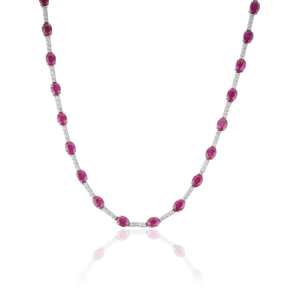 Fine Ruby & Diamond 14K Solid White Gold Box Lock Sleek Tennis Necklace Stack Jewelry